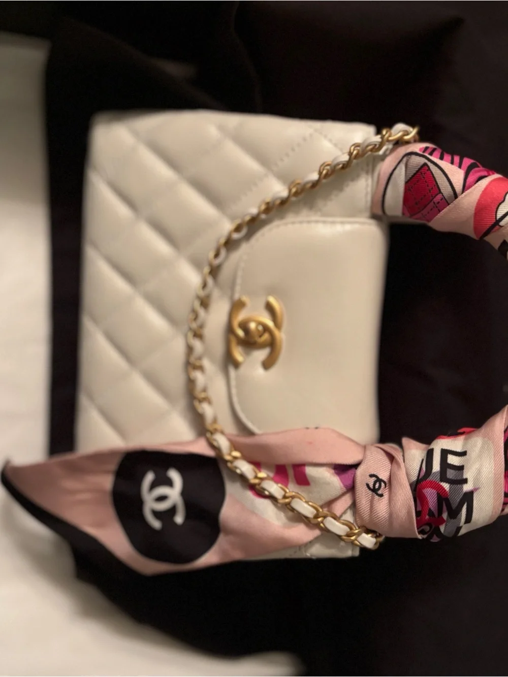 CHANEL White Quilted Top-Handle Bag with Pink Scarf Accent